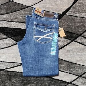 T.K. AXEL SILM BOOT-LEG FAUX-FLAP EMBROIDERED DENIM JEAN